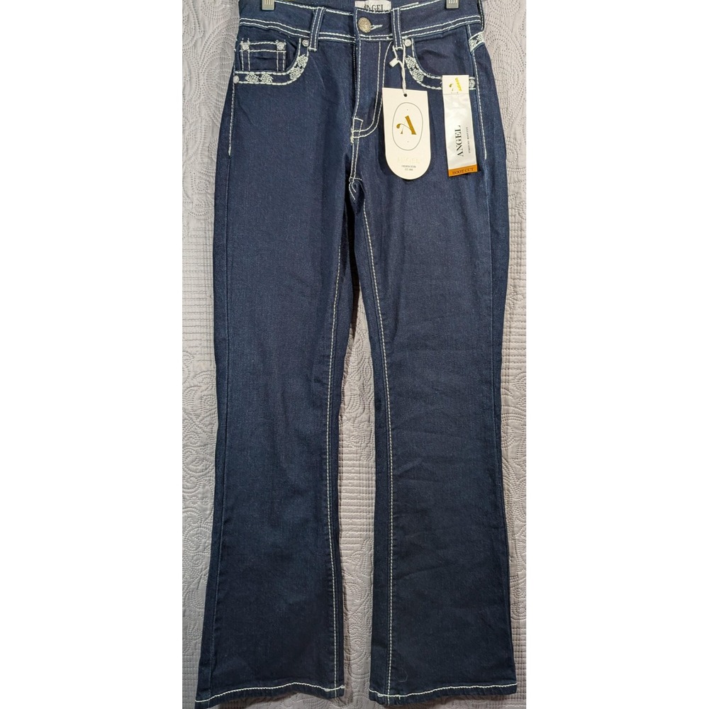 Angel Jeans Womens 1/23 Stretch Boot Cut Embroidered Rhinestone Pocket Denim Pan